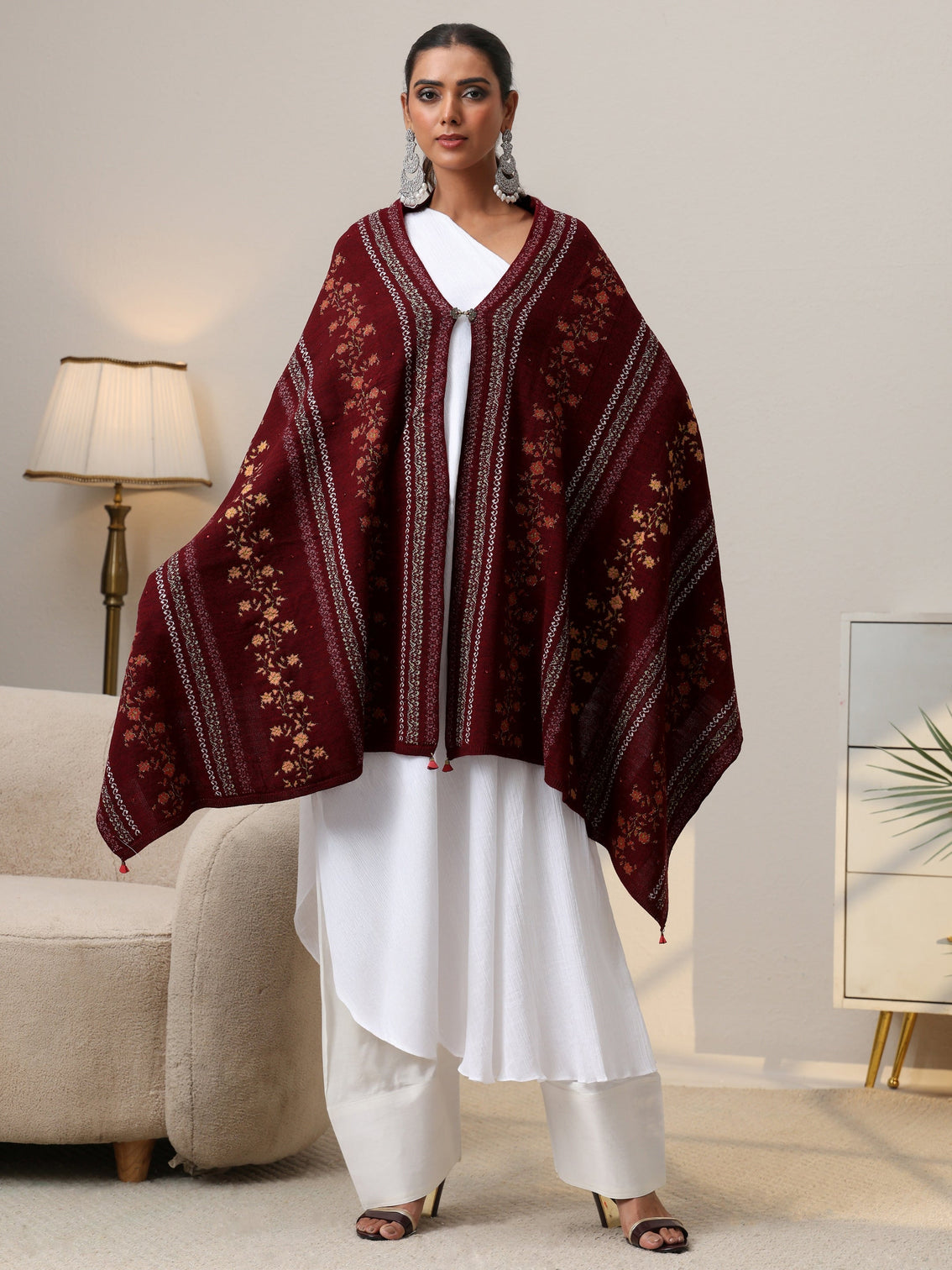 Mameraa Maroon Floral Knitted Acrylic Wrap Shawl