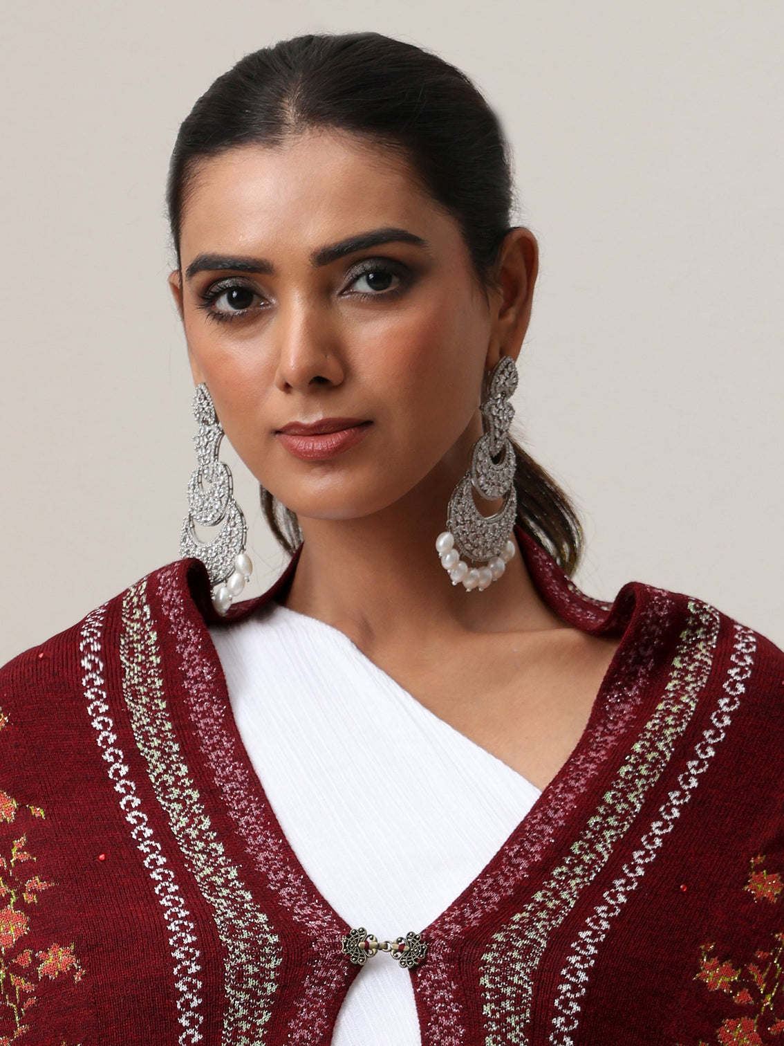 Mameraa Maroon Floral Knitted Acrylic Wrap Shawl