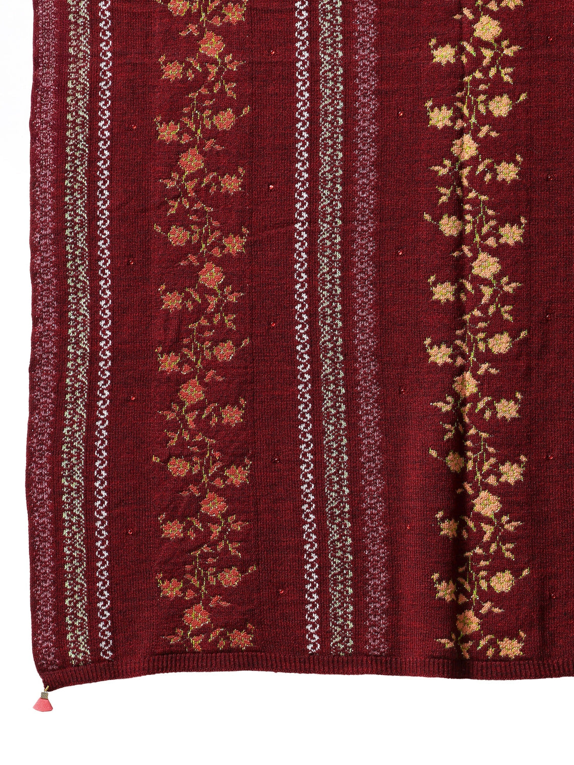 Mameraa Maroon Floral Knitted Acrylic Wrap Shawl