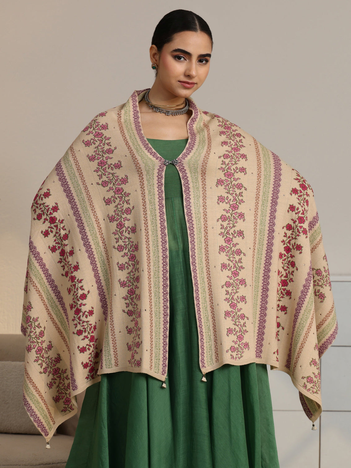 Mameraa Beige Floral Knitted Acrylic Wrap Shawl