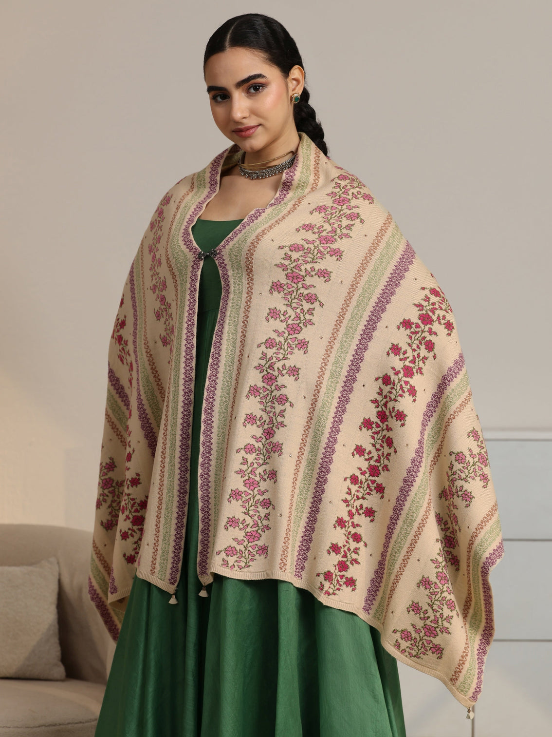 Mameraa Beige Floral Knitted Acrylic Wrap Shawl