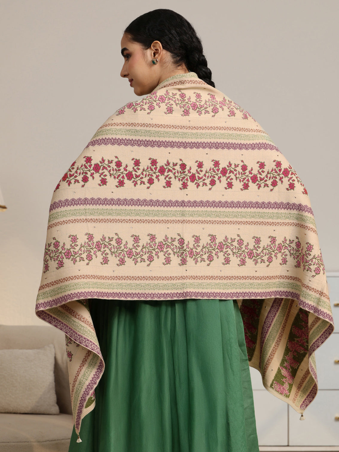 Mameraa Beige Floral Knitted Acrylic Wrap Shawl