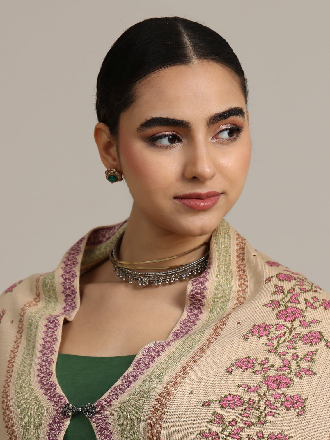 Mameraa Beige Floral Knitted Acrylic Wrap Shawl