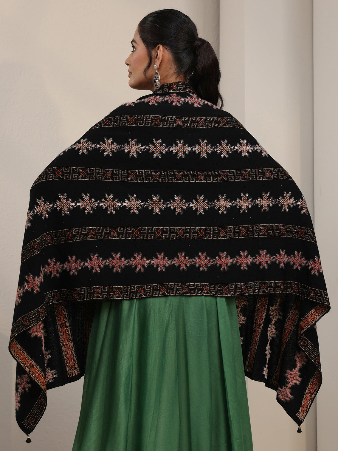 Mameraa Black Snowflake Knitted Acrylic Wrap Shawl