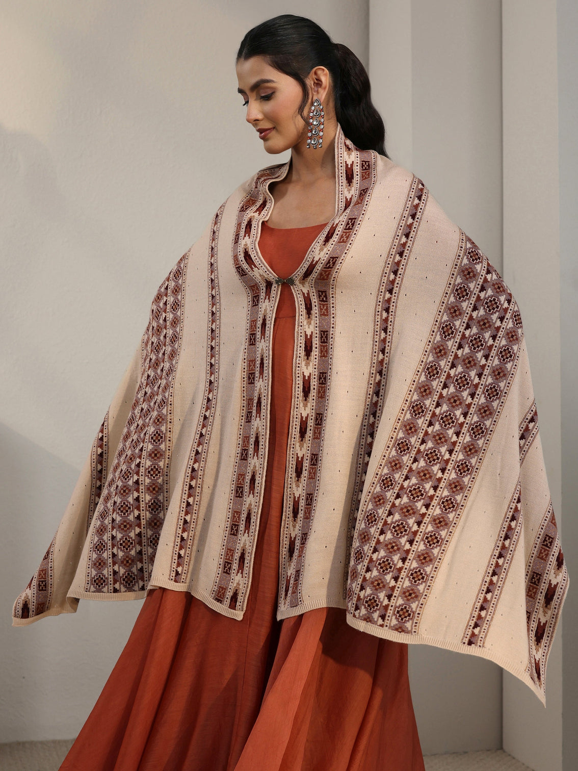 Mameraa Beige Geometric Knitted Acrylic Wrap Shawl