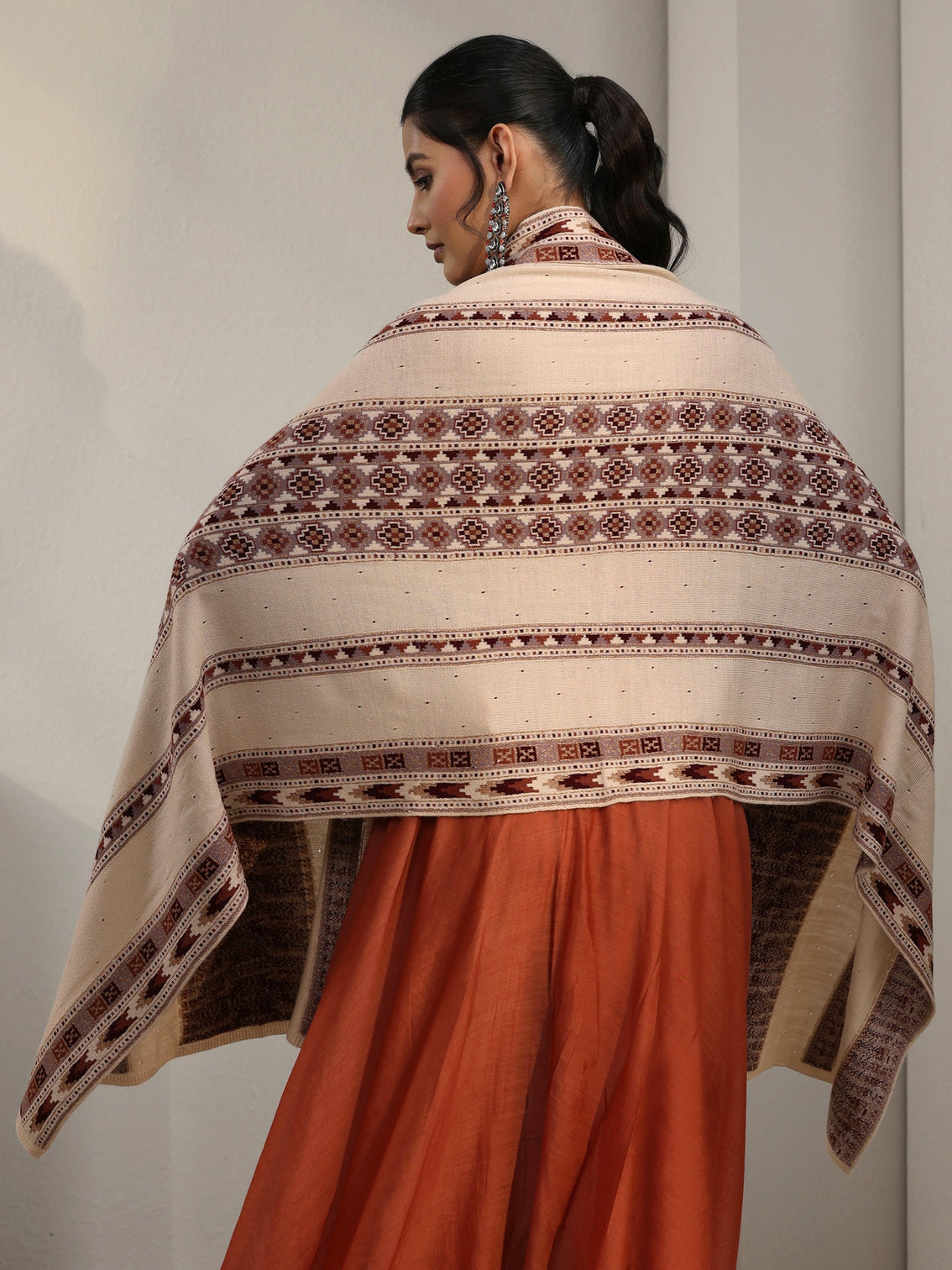 Mameraa Beige Geometric Knitted Acrylic Wrap Shawl