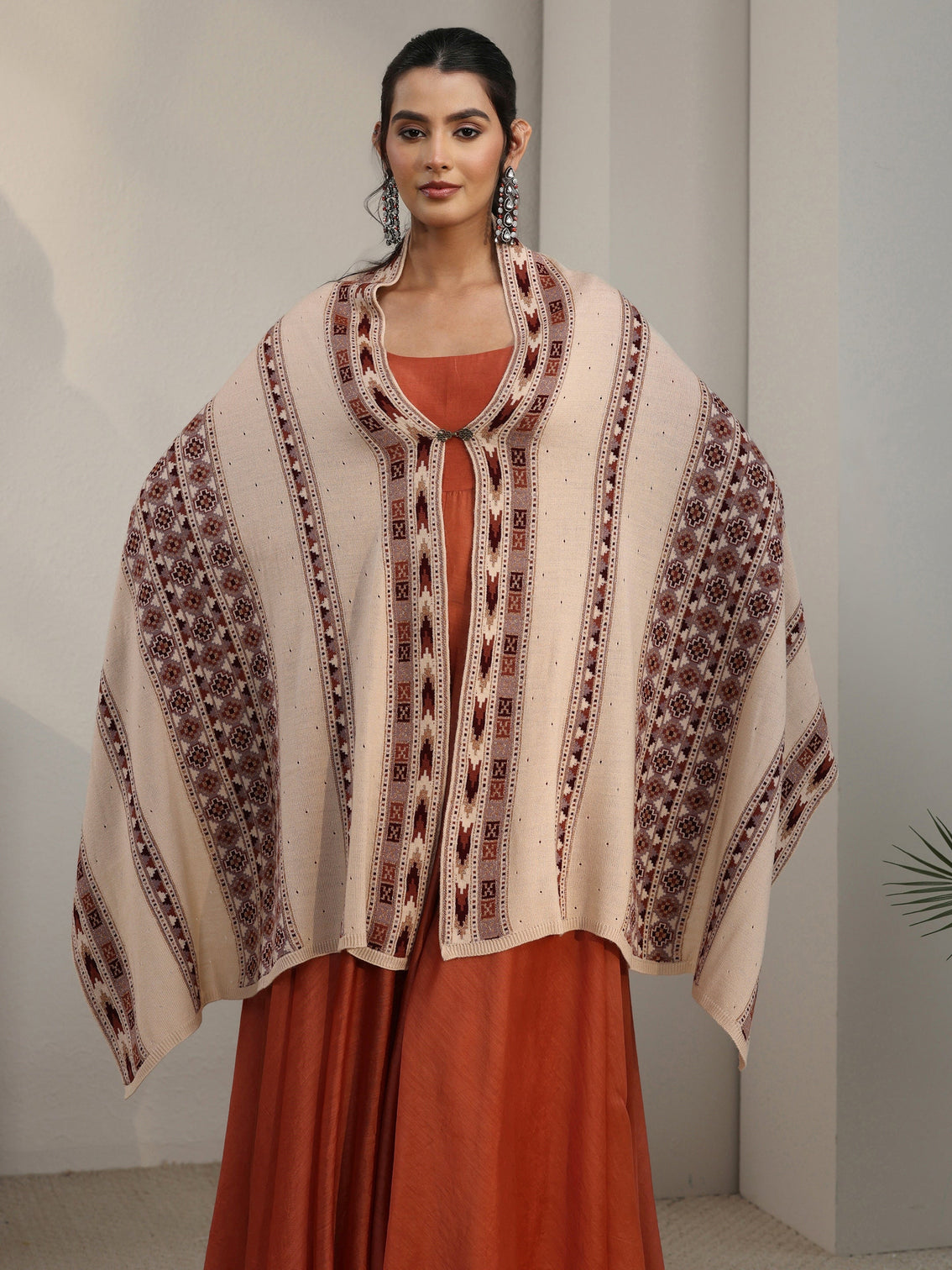 Mameraa Beige Geometric Knitted Acrylic Wrap Shawl
