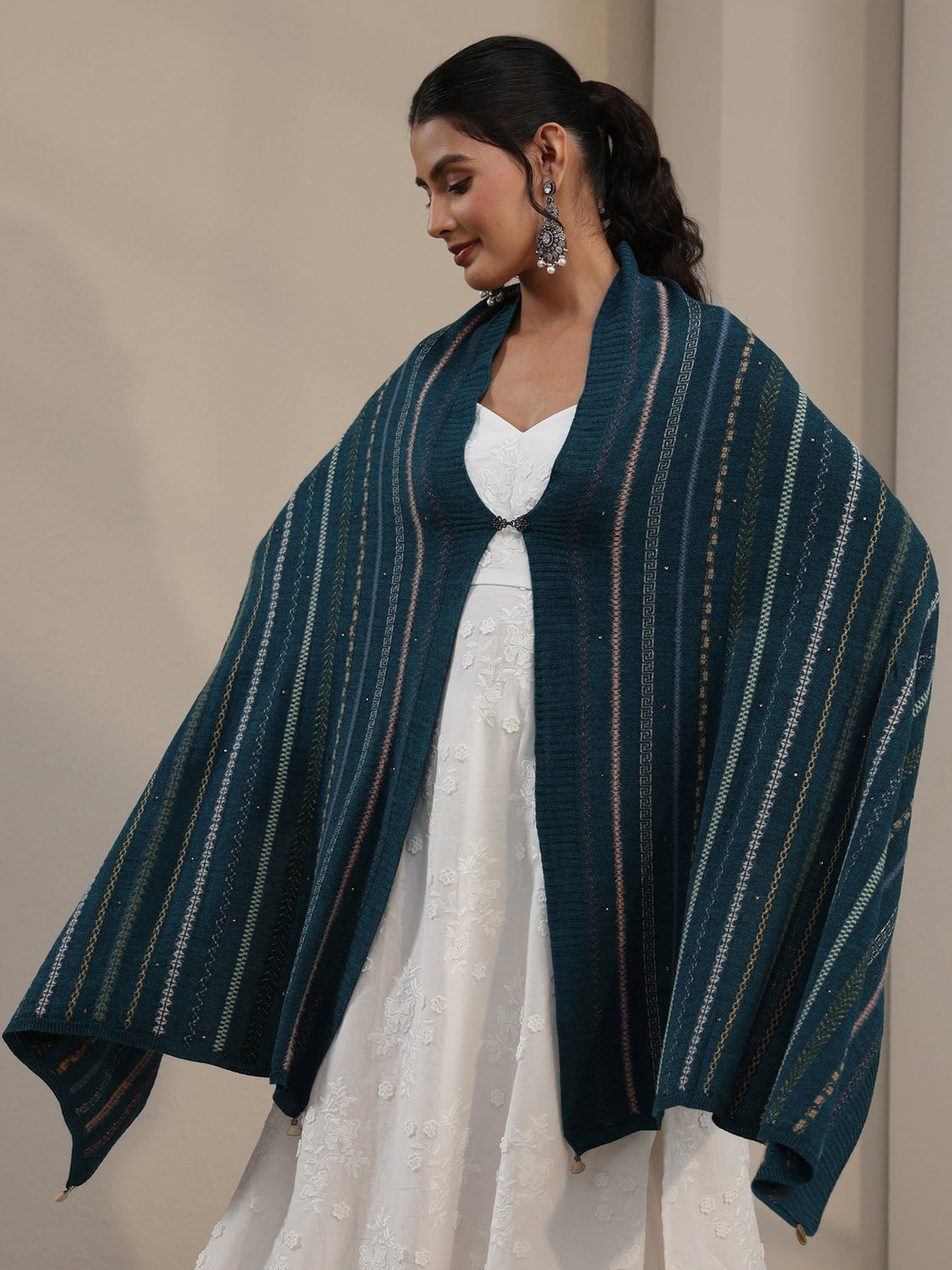 Mameraa Teal Blue Ethnic Striped Knitted Acrylic Wrap Shawl