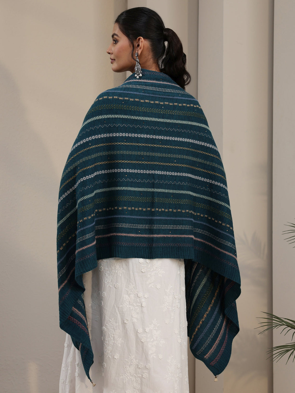 Mameraa Teal Blue Ethnic Striped Knitted Acrylic Wrap Shawl