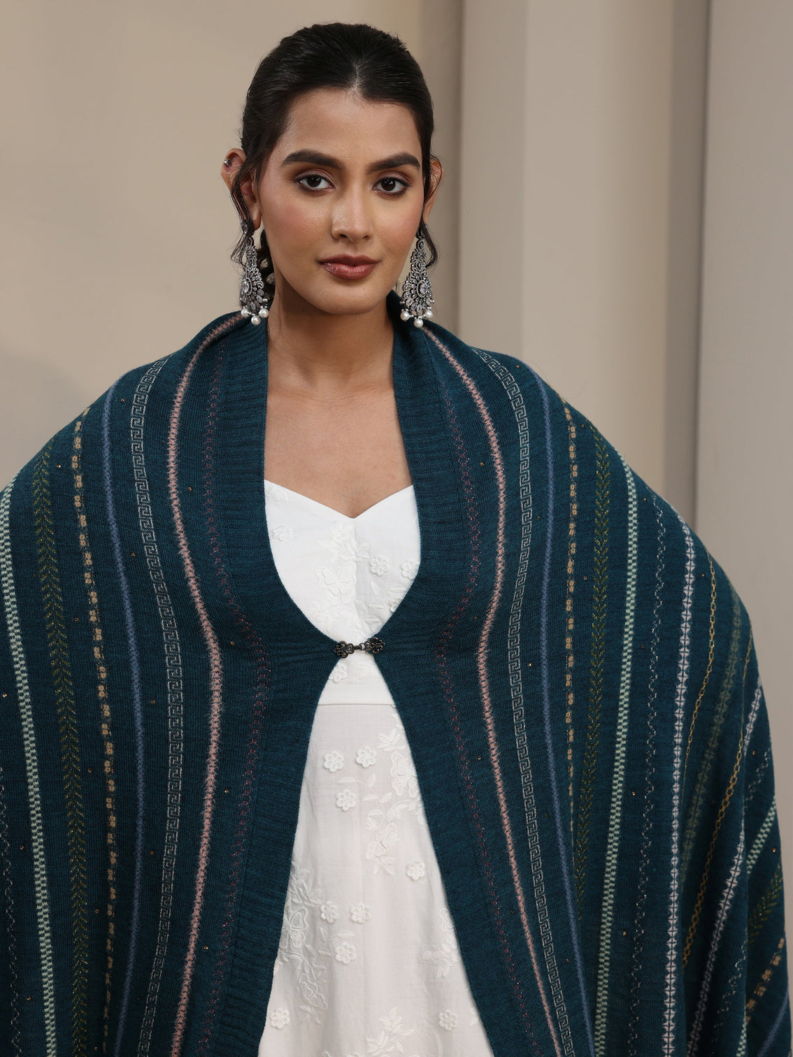 Mameraa Teal Blue Ethnic Striped Knitted Acrylic Wrap Shawl