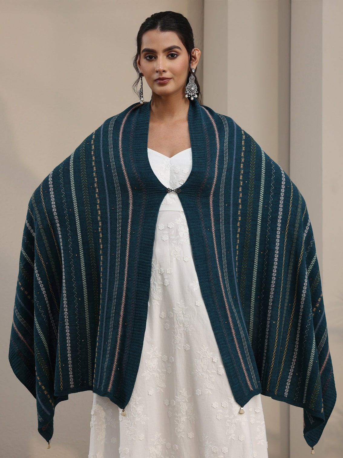 Mameraa Teal Blue Ethnic Striped Knitted Acrylic Wrap Shawl