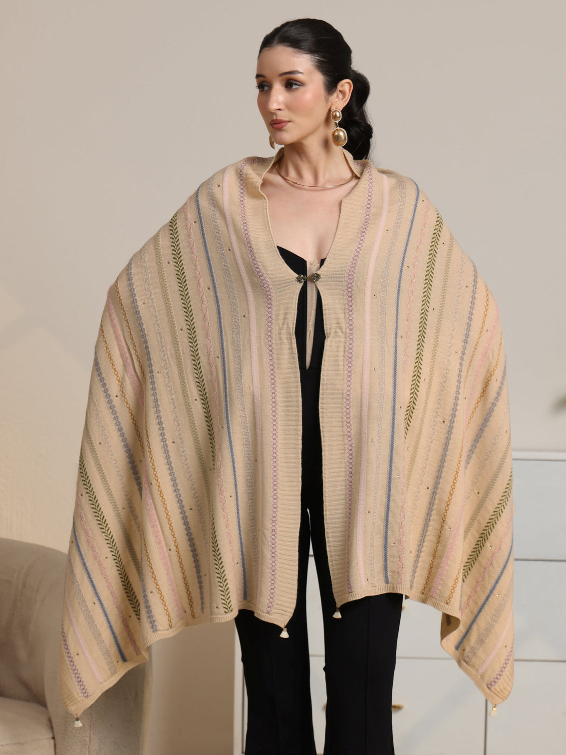 Mameraa Beige Ethnic Striped Knitted Acrylic Wrap Shawl