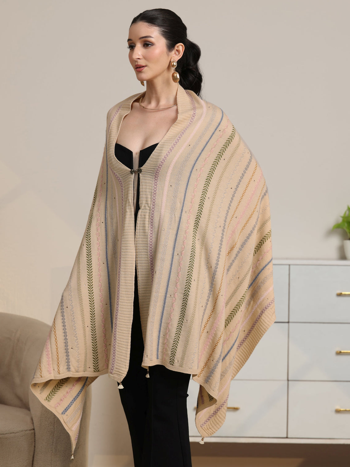 Mameraa Beige Ethnic Striped Knitted Acrylic Wrap Shawl