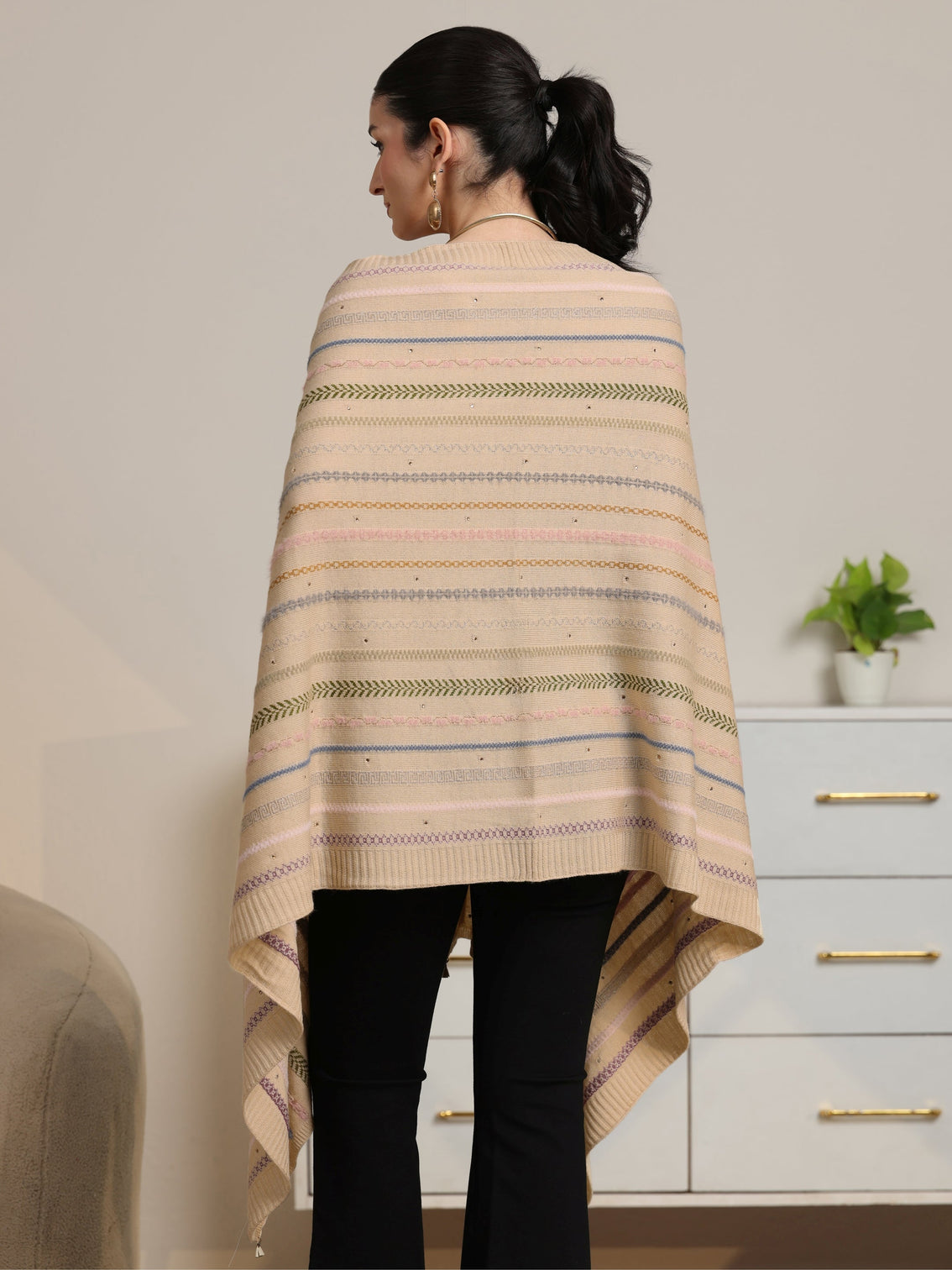 Mameraa Beige Ethnic Striped Knitted Acrylic Wrap Shawl