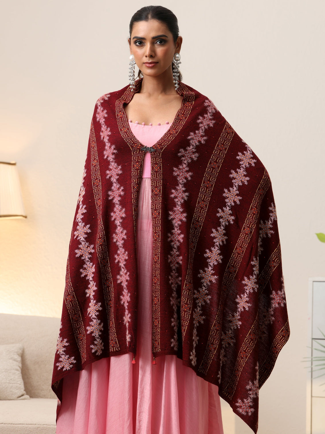 Mameraa Maroon Fair Isle Knitted Acrylic Wrap Shawl