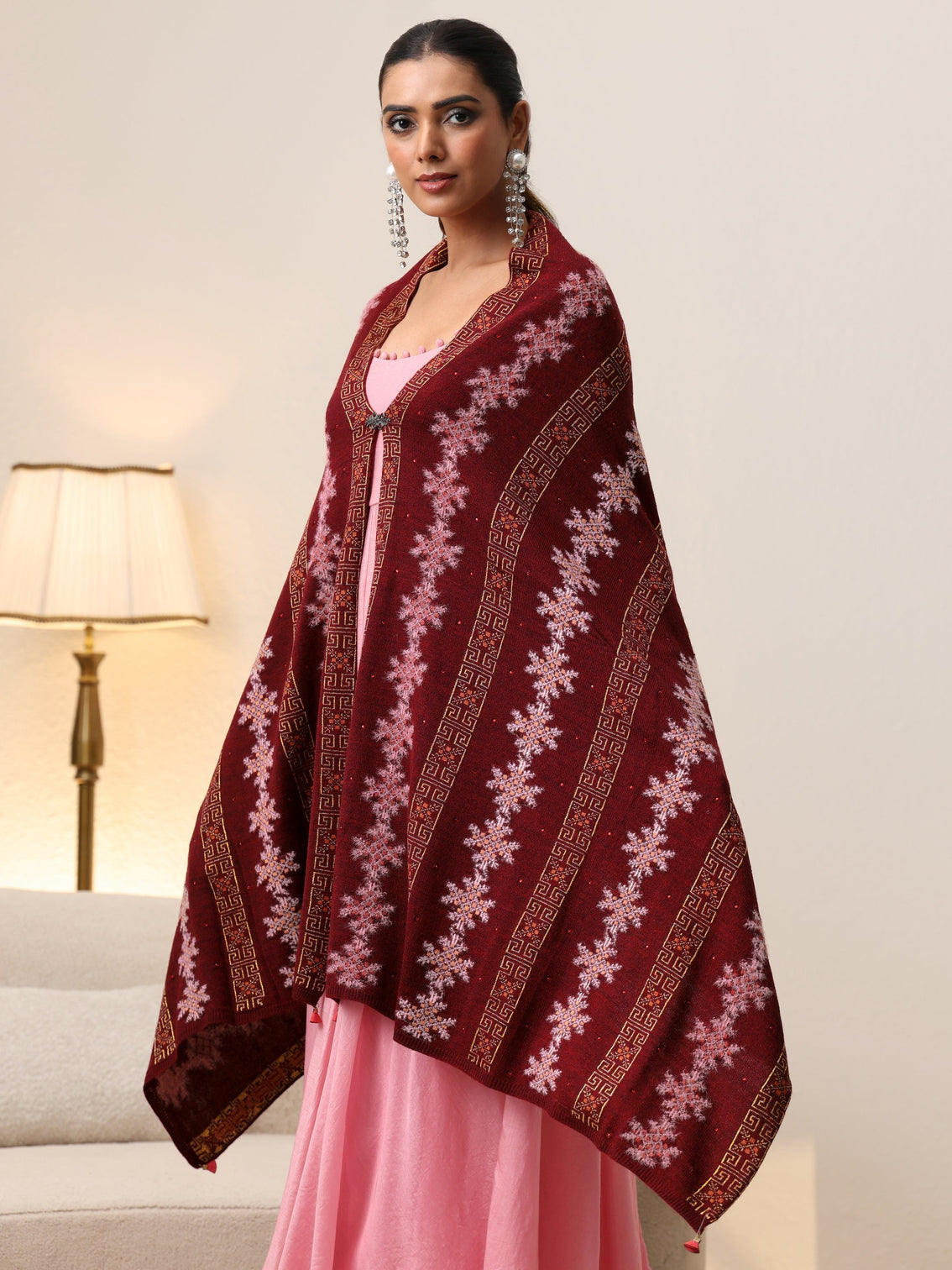 Mameraa Maroon Fair Isle Knitted Acrylic Wrap Shawl