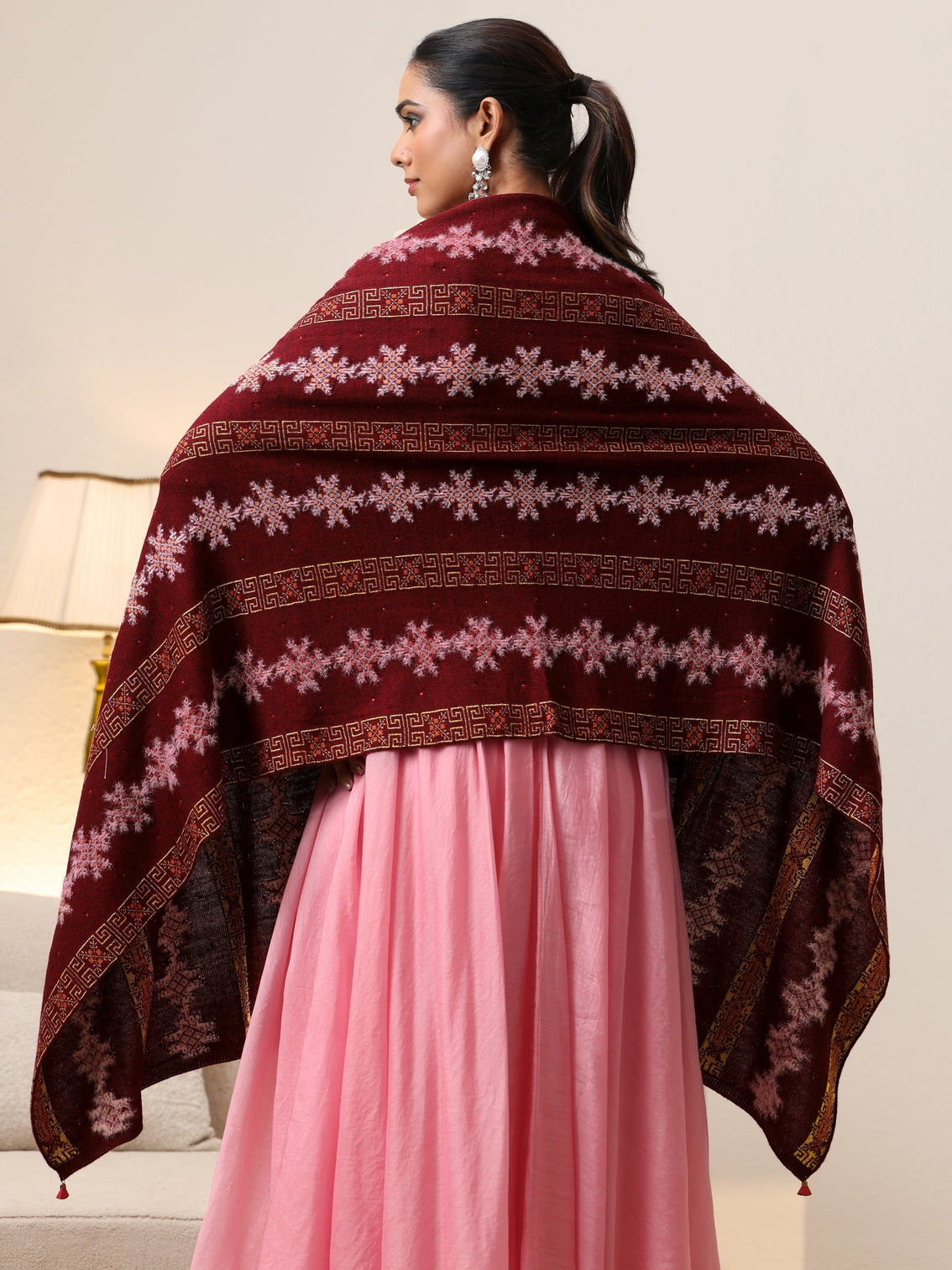 Mameraa Maroon Fair Isle Knitted Acrylic Wrap Shawl