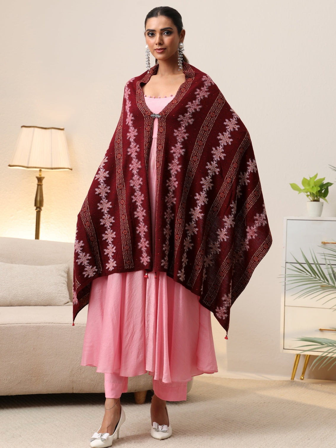 Mameraa Maroon Fair Isle Knitted Acrylic Wrap Shawl