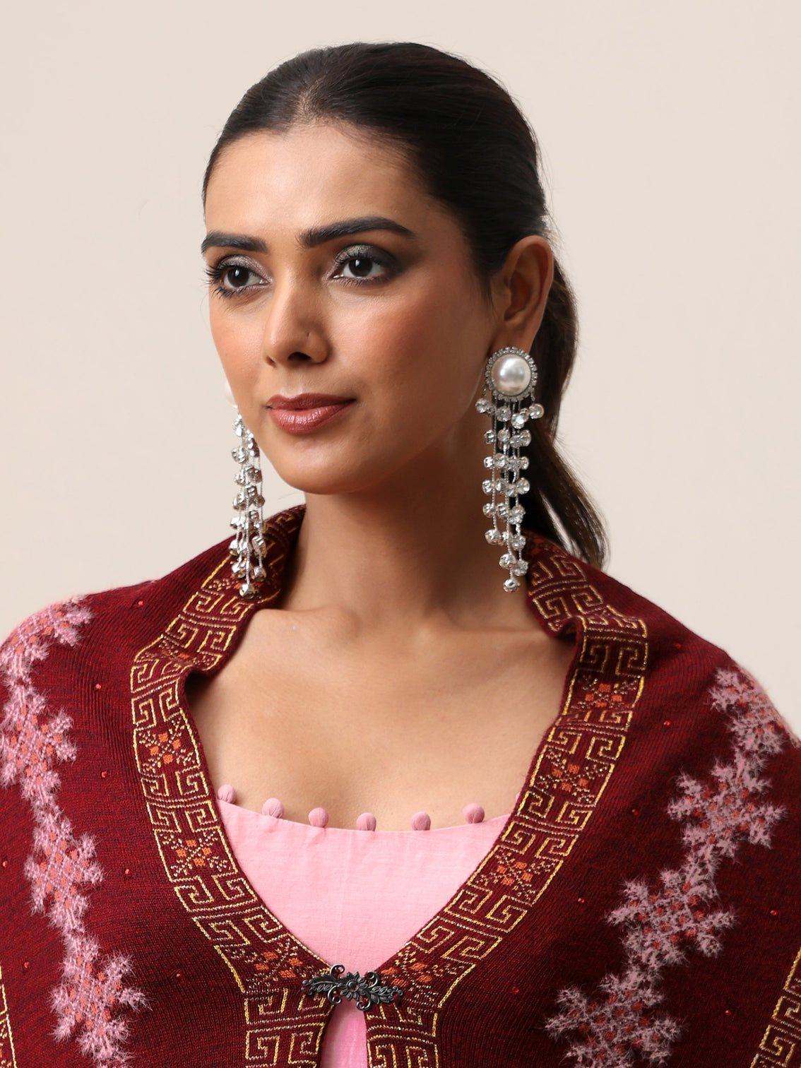 Mameraa Maroon Fair Isle Knitted Acrylic Wrap Shawl
