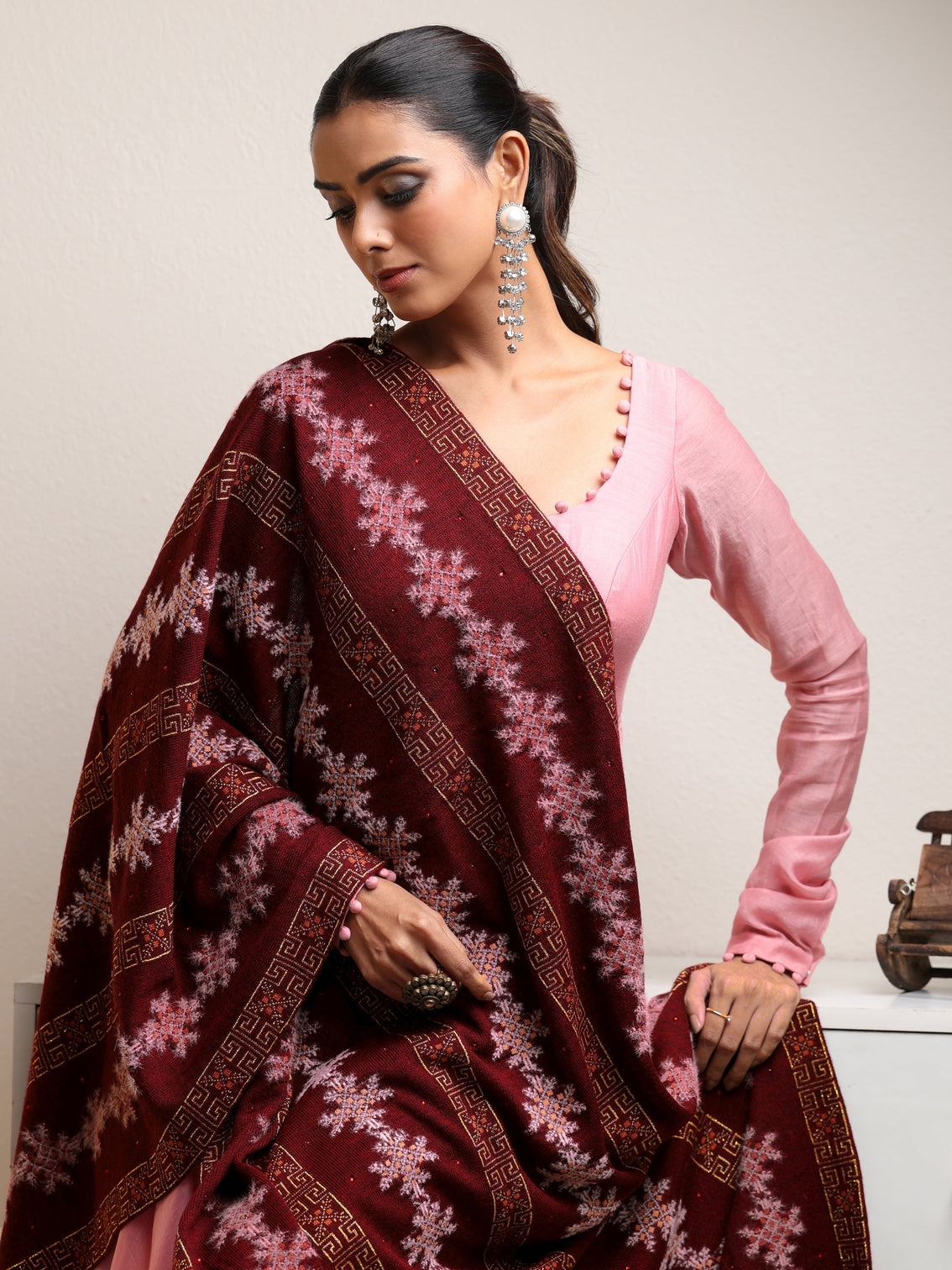 Mameraa Maroon Fair Isle Knitted Acrylic Wrap Shawl