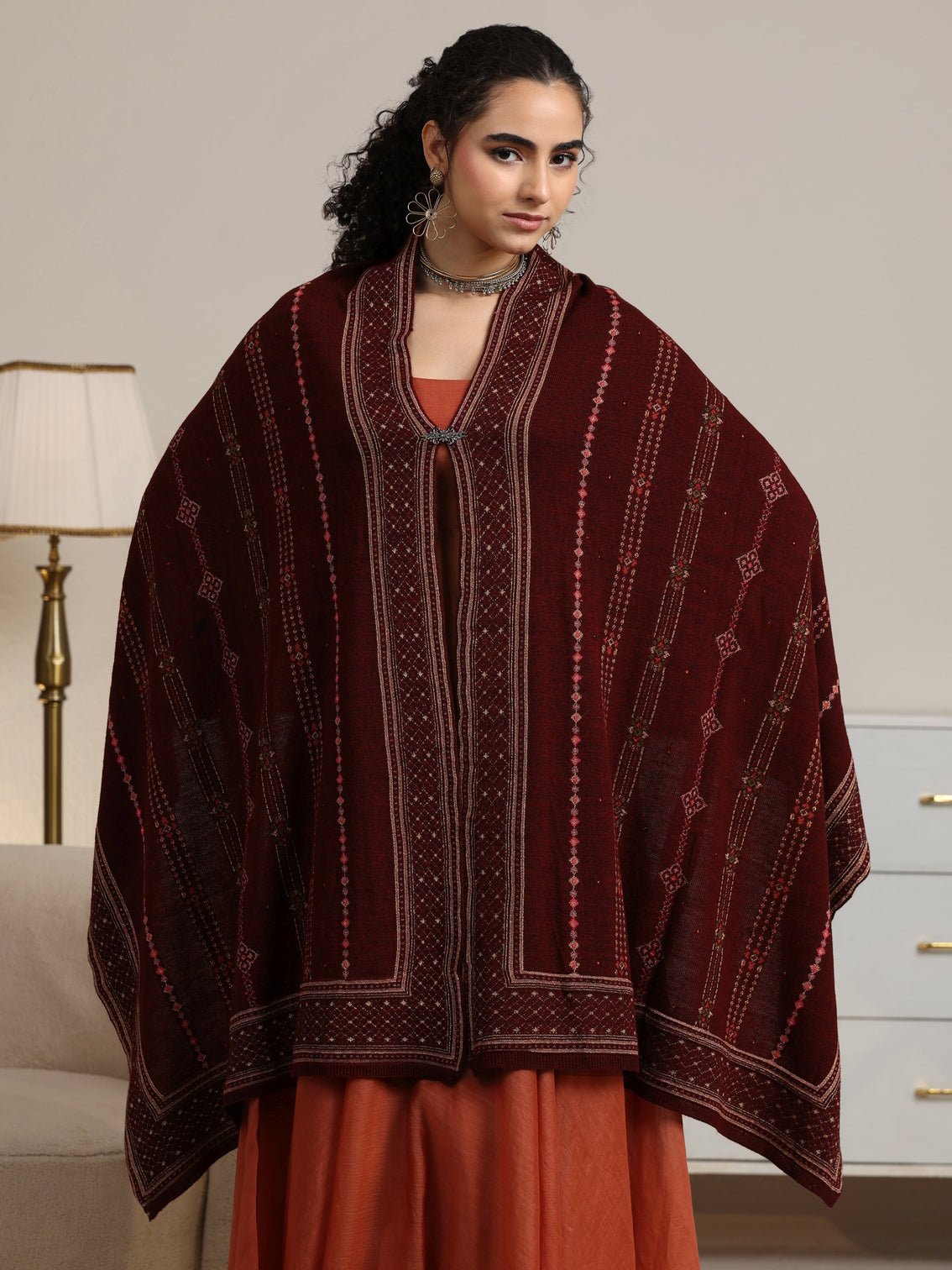Mameraa Maroon Ethnic Knitted Acrylic Wrap Shawl