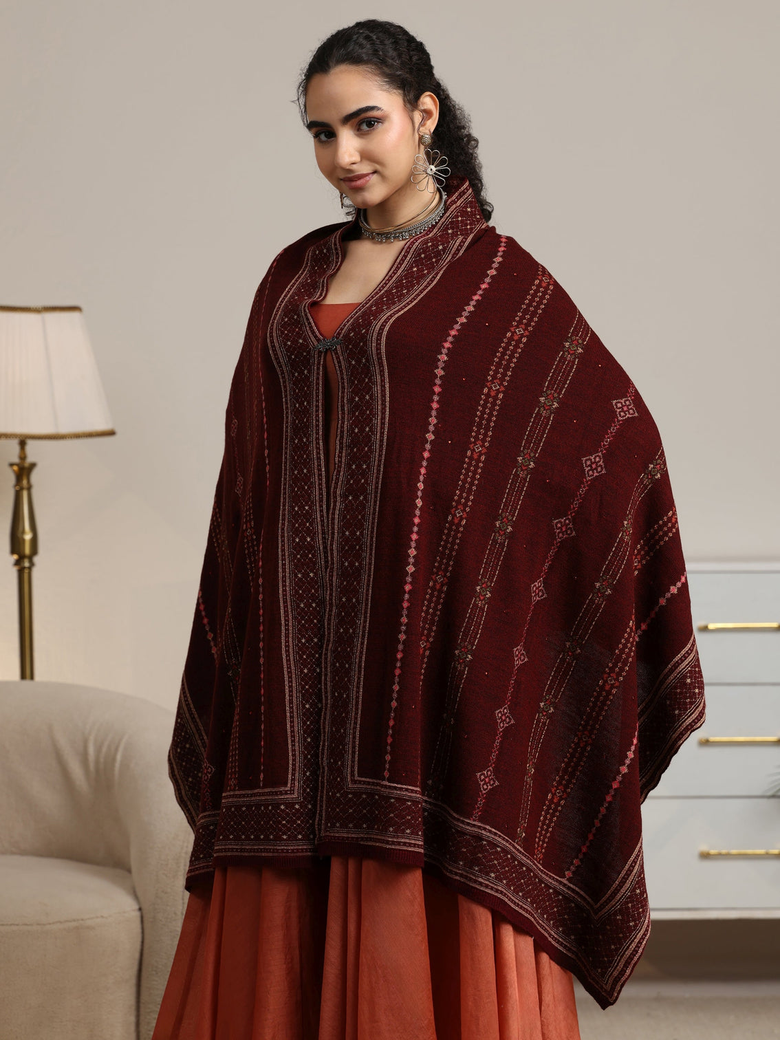 Mameraa Maroon Ethnic Knitted Acrylic Wrap Shawl