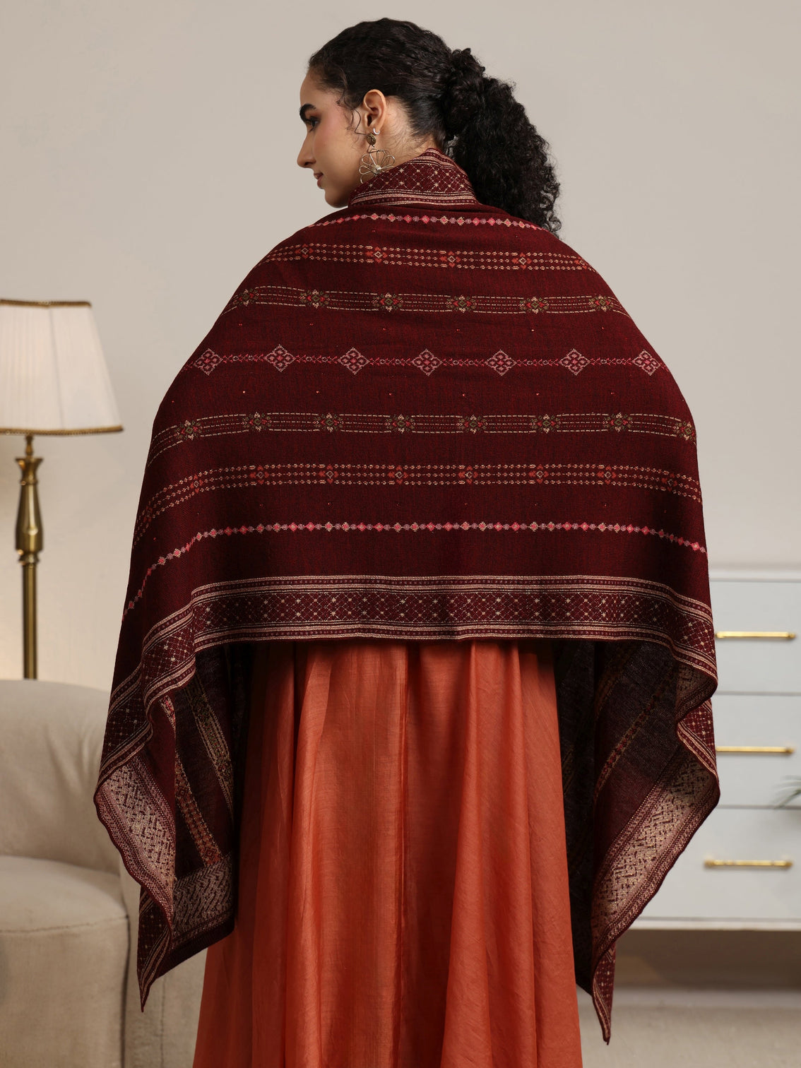 Mameraa Maroon Ethnic Knitted Acrylic Wrap Shawl