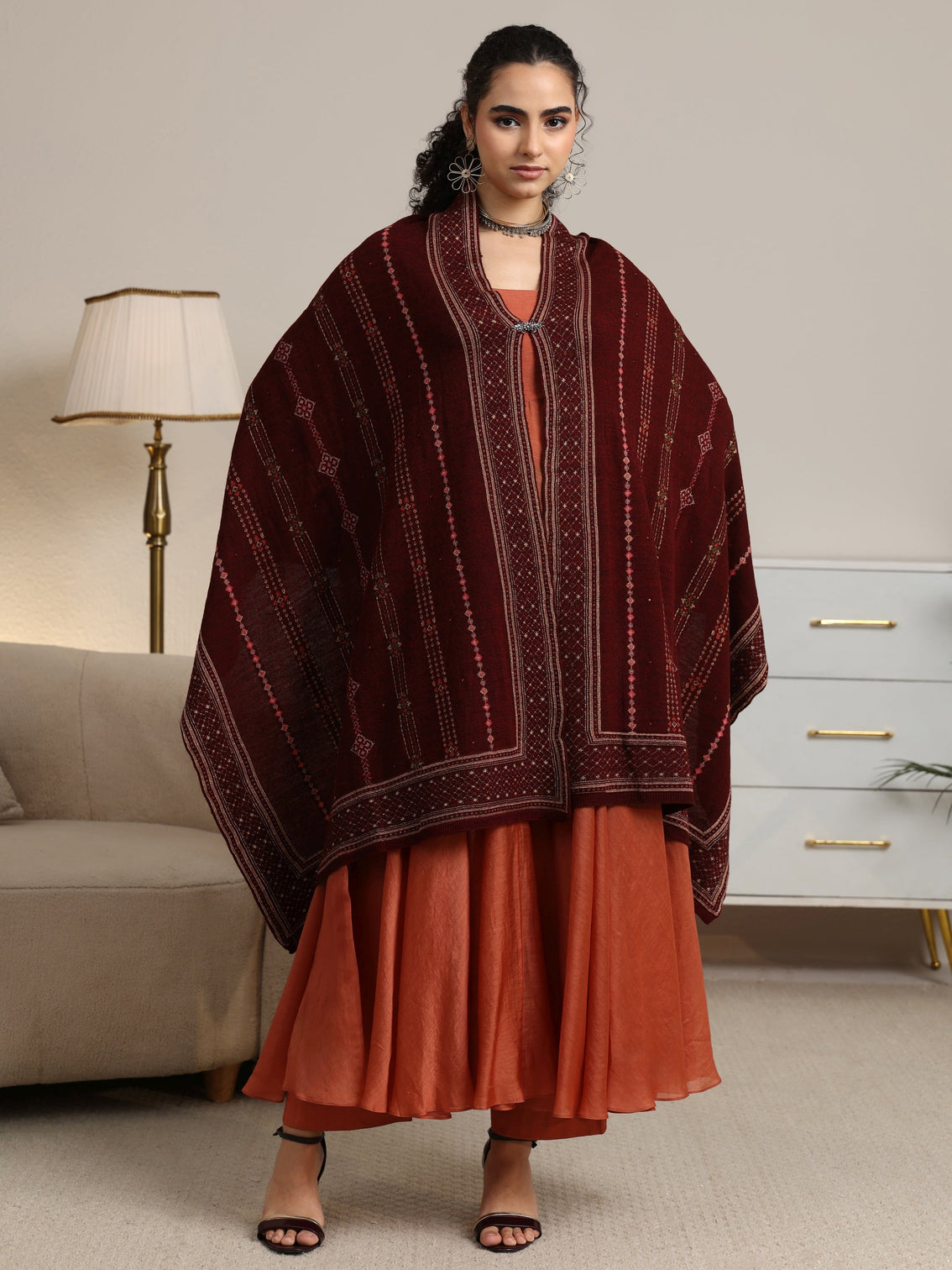 Mameraa Maroon Ethnic Knitted Acrylic Wrap Shawl