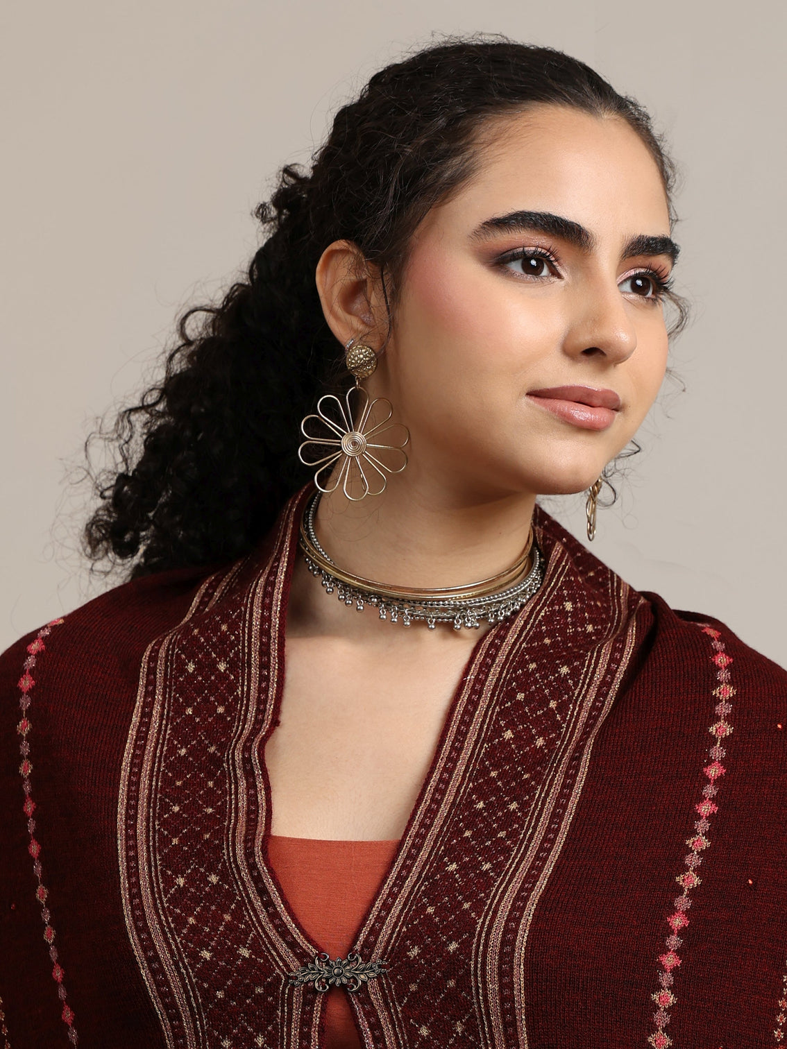 Mameraa Maroon Ethnic Knitted Acrylic Wrap Shawl