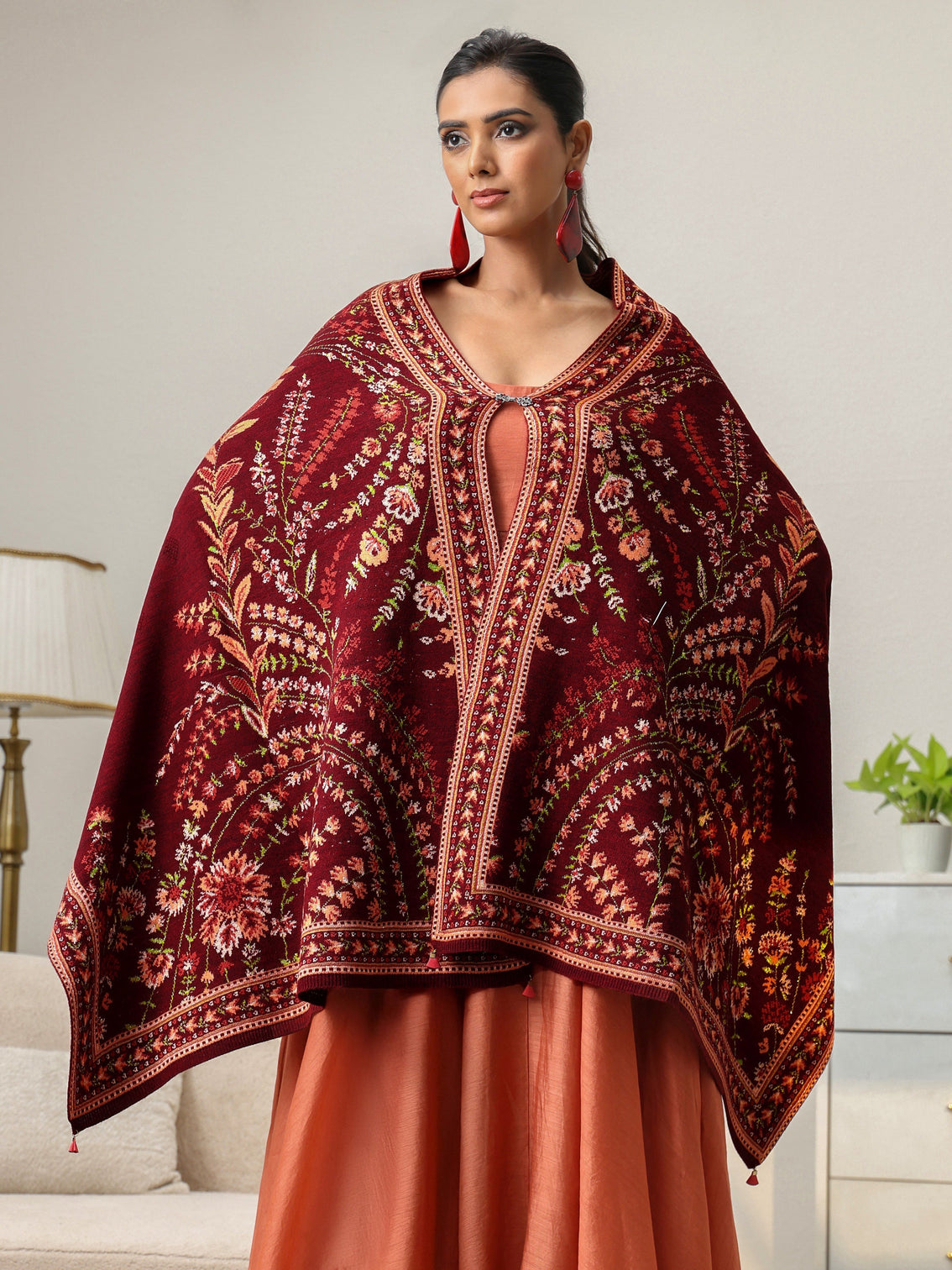 Mameraa Maroon Floral Knitted Acrylic Wrap Shawl