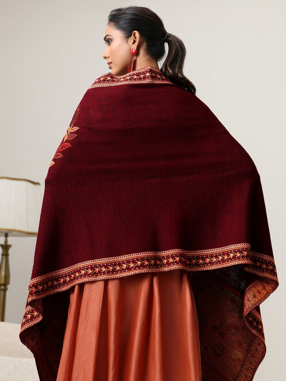 Mameraa Maroon Floral Knitted Acrylic Wrap Shawl