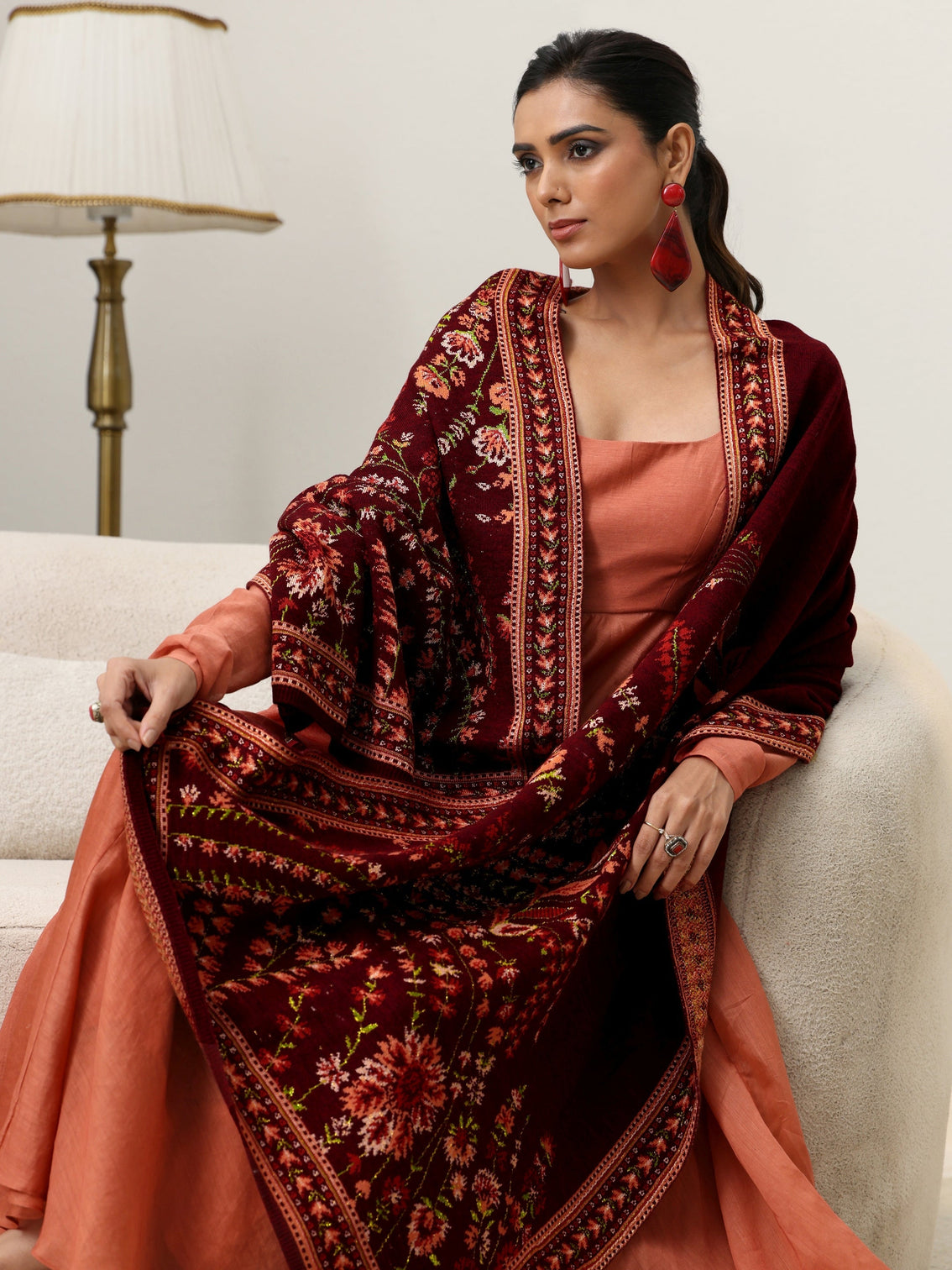 Mameraa Maroon Floral Knitted Acrylic Wrap Shawl