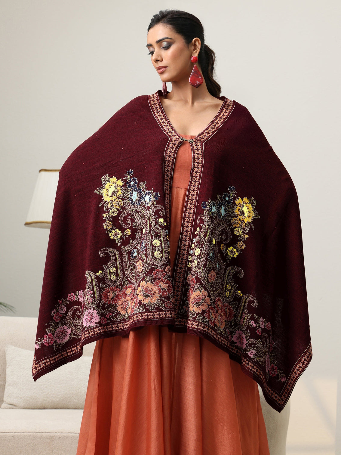 Mameraa Maroon Floral Knitted Acrylic Wrap Shawl