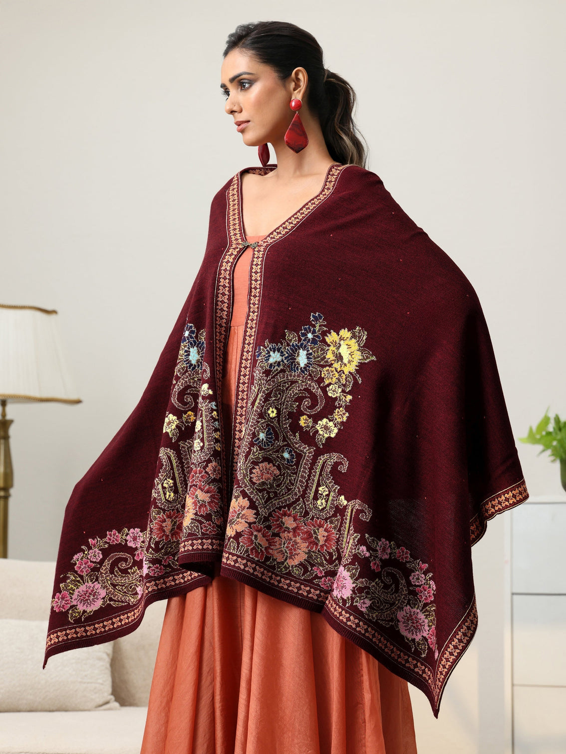 Mameraa Maroon Floral Knitted Acrylic Wrap Shawl