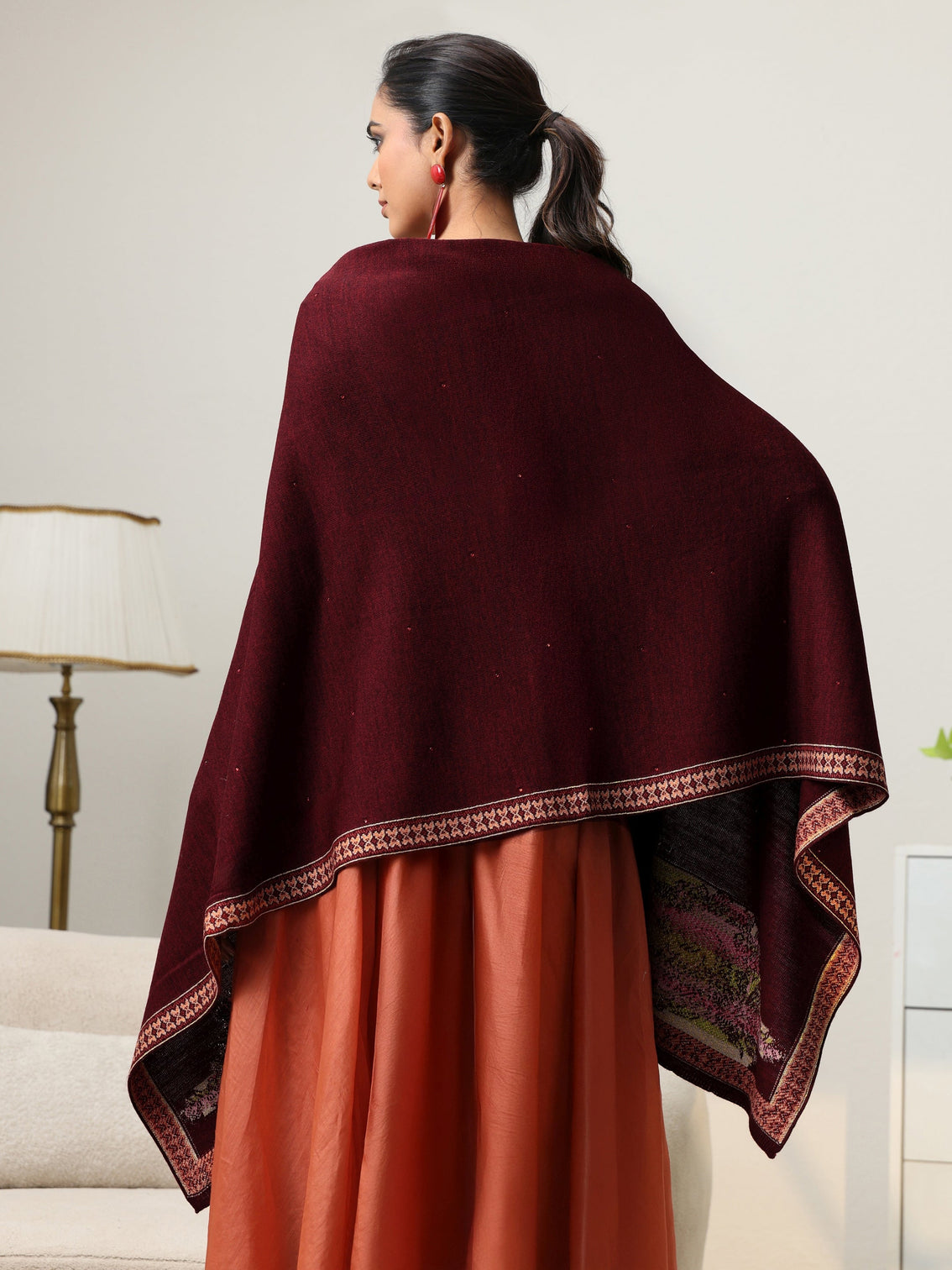 Mameraa Maroon Floral Knitted Acrylic Wrap Shawl