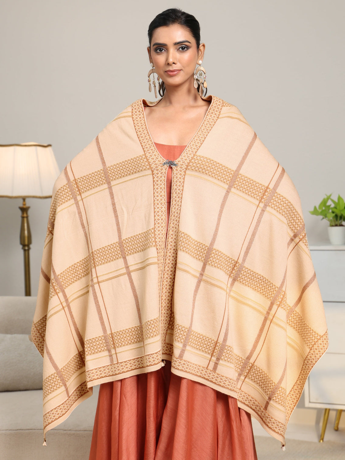 Mameraa Beige Striped Knitted Acrylic Wrap Shawl