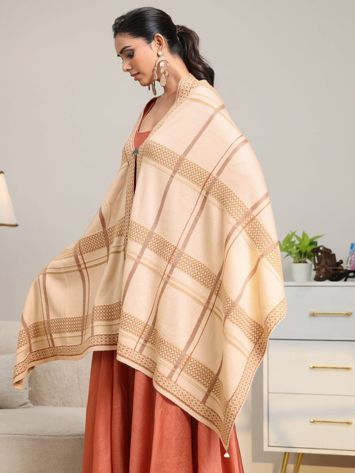 Mameraa Beige Striped Knitted Acrylic Wrap Shawl