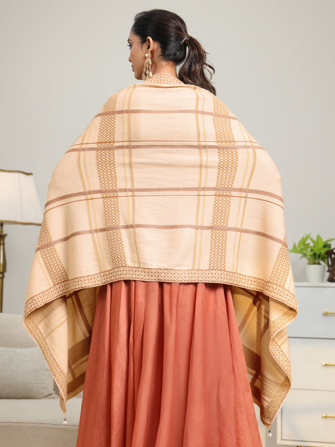 Mameraa Beige Striped Knitted Acrylic Wrap Shawl