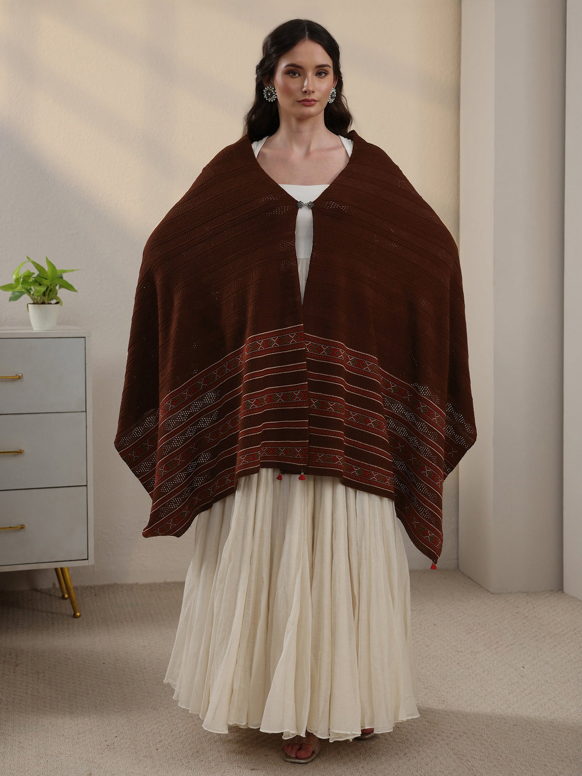 Mameraa Brown Ethnic Striped Knitted Acrylic Wrap Shawl