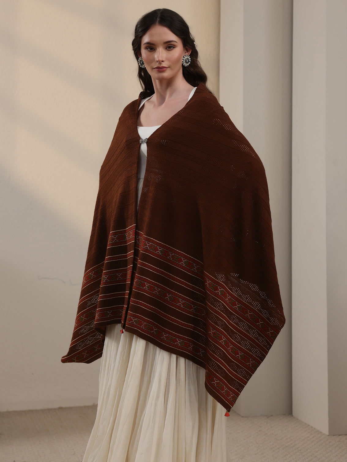 Mameraa Brown Ethnic Striped Knitted Acrylic Wrap Shawl