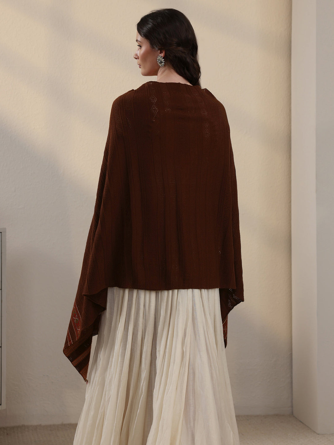 Mameraa Brown Ethnic Striped Knitted Acrylic Wrap Shawl