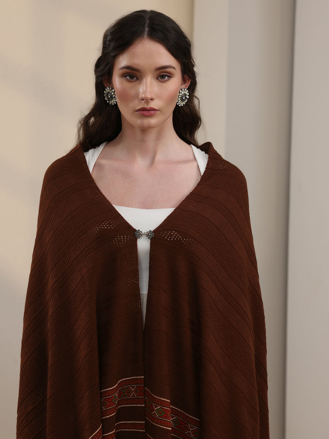 Mameraa Brown Ethnic Striped Knitted Acrylic Wrap Shawl