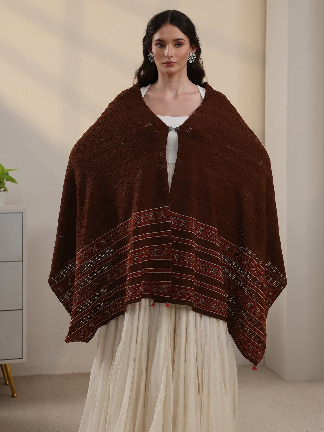 Mameraa Brown Ethnic Striped Knitted Acrylic Wrap Shawl