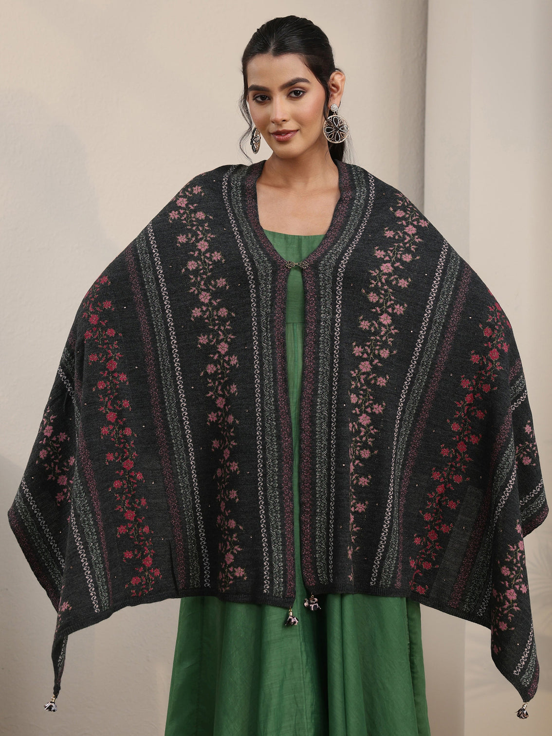 Mameraa Dark Grey Floral Knitted Acrylic Wrap Shawl