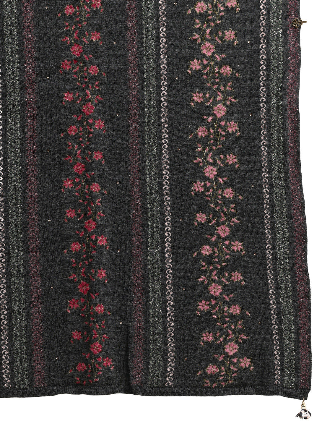 Mameraa Dark Grey Floral Knitted Acrylic Wrap Shawl