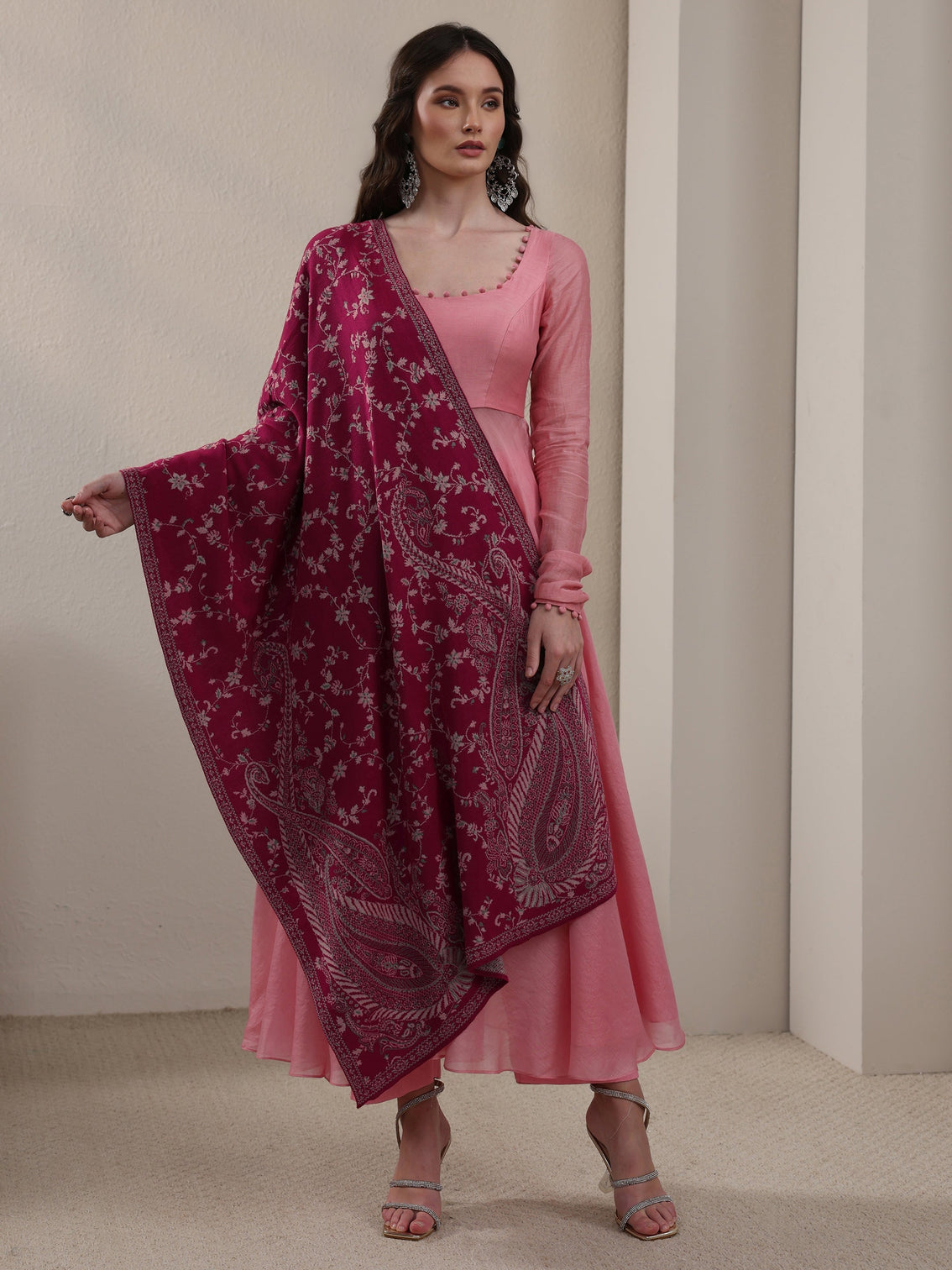 Mameraa Raspberry Pink Paisley Knitted Acrylic Shawl
