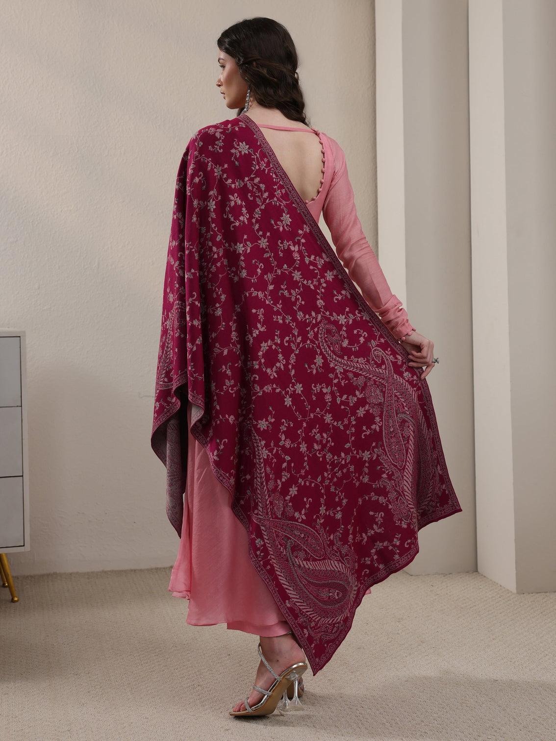 Mameraa Raspberry Pink Paisley Knitted Acrylic Shawl