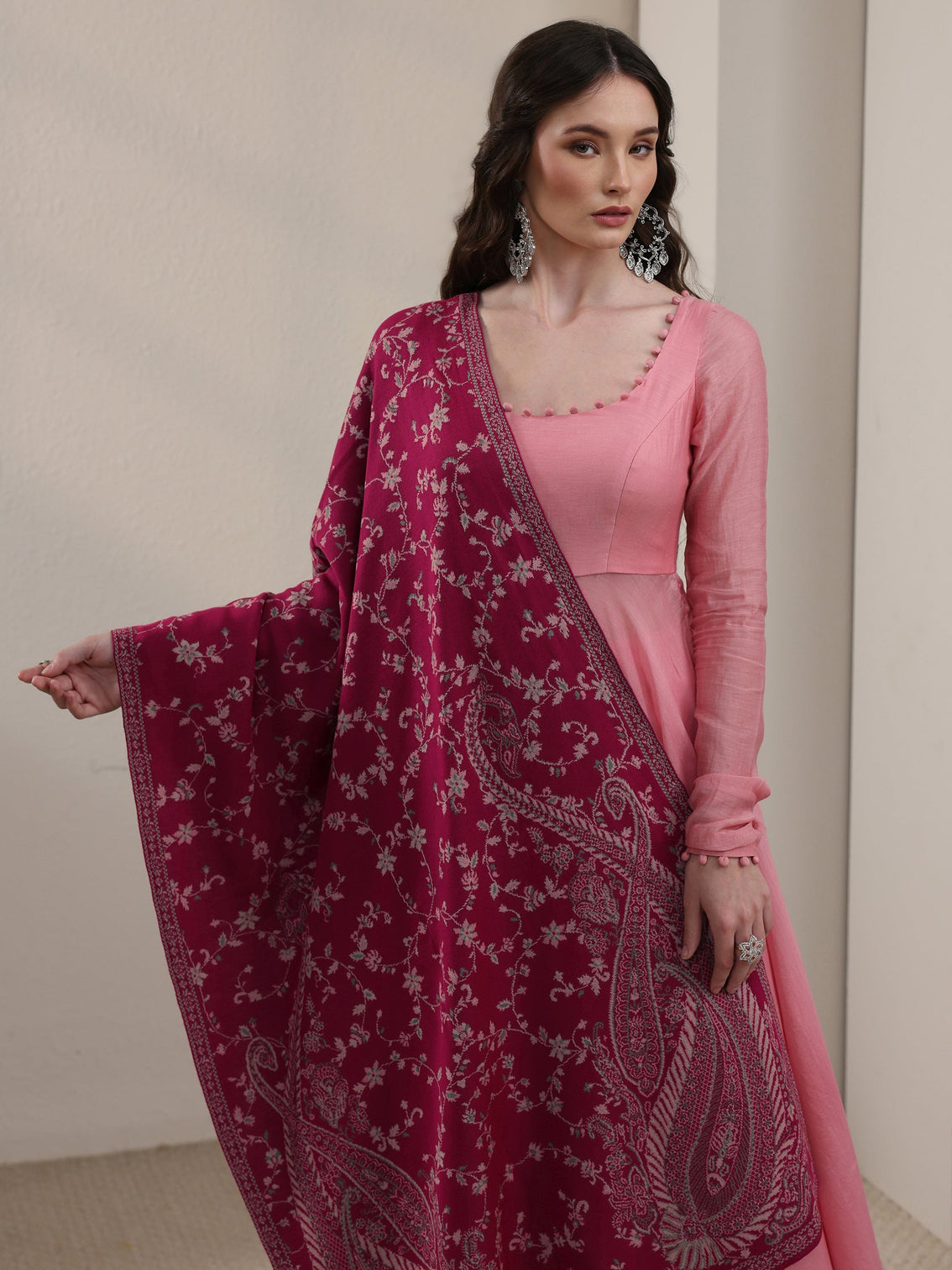 Mameraa Raspberry Pink Paisley Knitted Acrylic Shawl