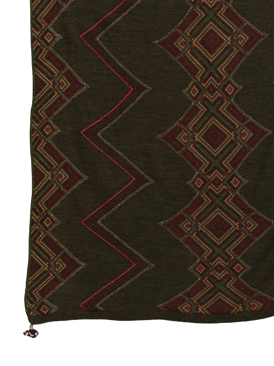 Mameraa Olive Green Geometric Knitted Acrylic Wrap Shawl