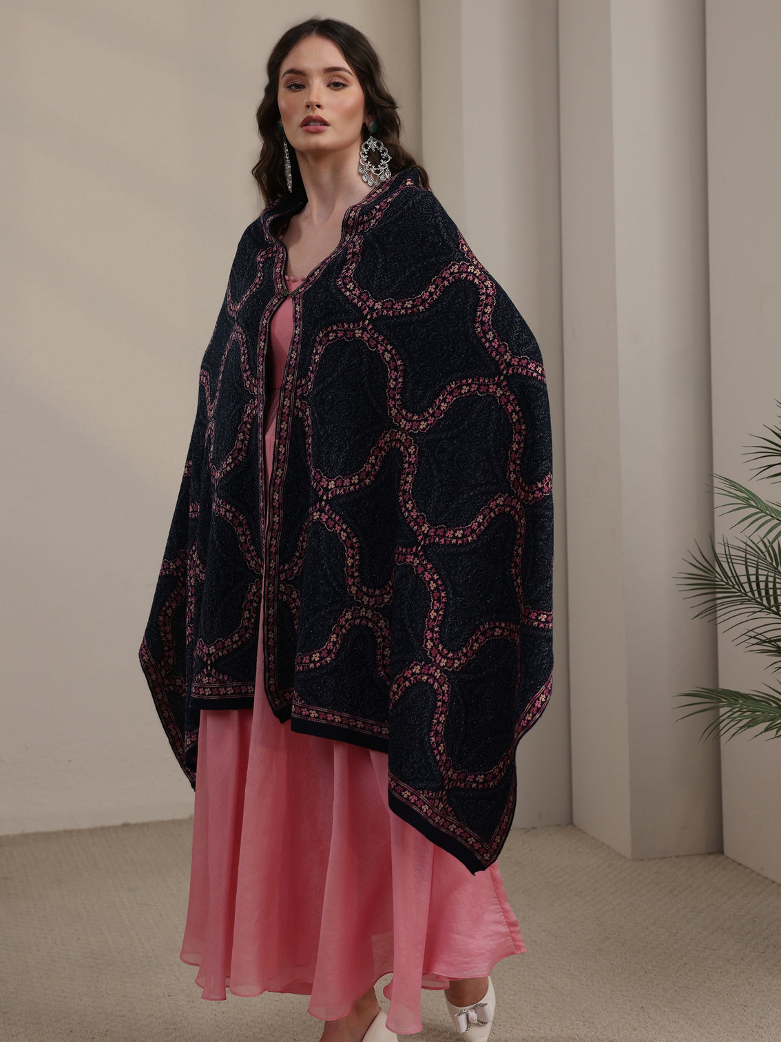 Mameraa Navy Blue Ethnic Knitted Acrylic Wrap Shawl